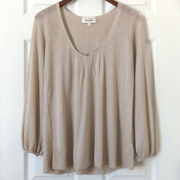 Angel Of The North Tops - Angel of the North Gold Lurex Pleated Scoop Neck Long Balloon Sleeve Blouse S